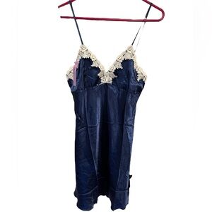 Cheibear Navy Blue Lace Trim Chemise